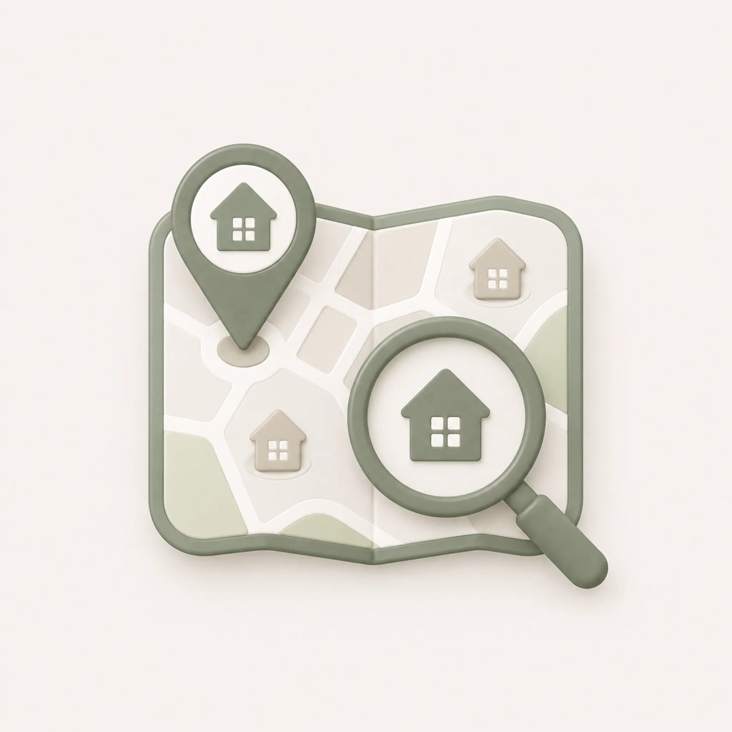 Property sourcing for home buyers, shown with a map, magnifying glass and house icons