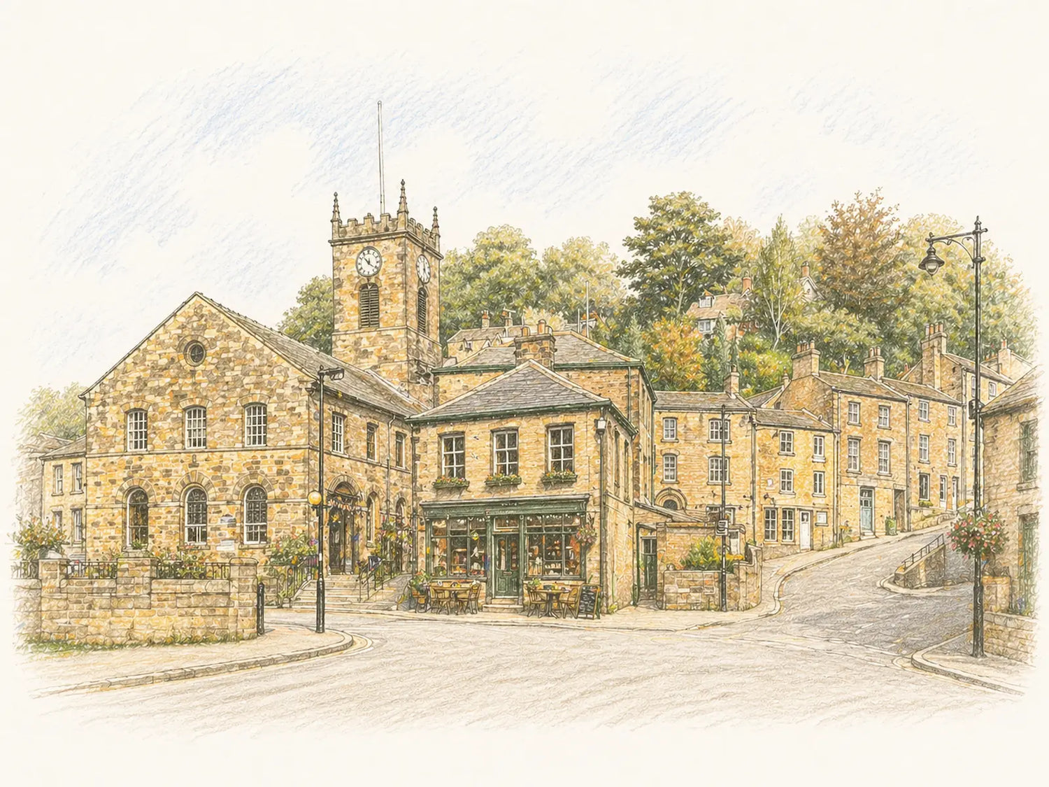 Area guides illustration showing a characterful village street with houses and a church