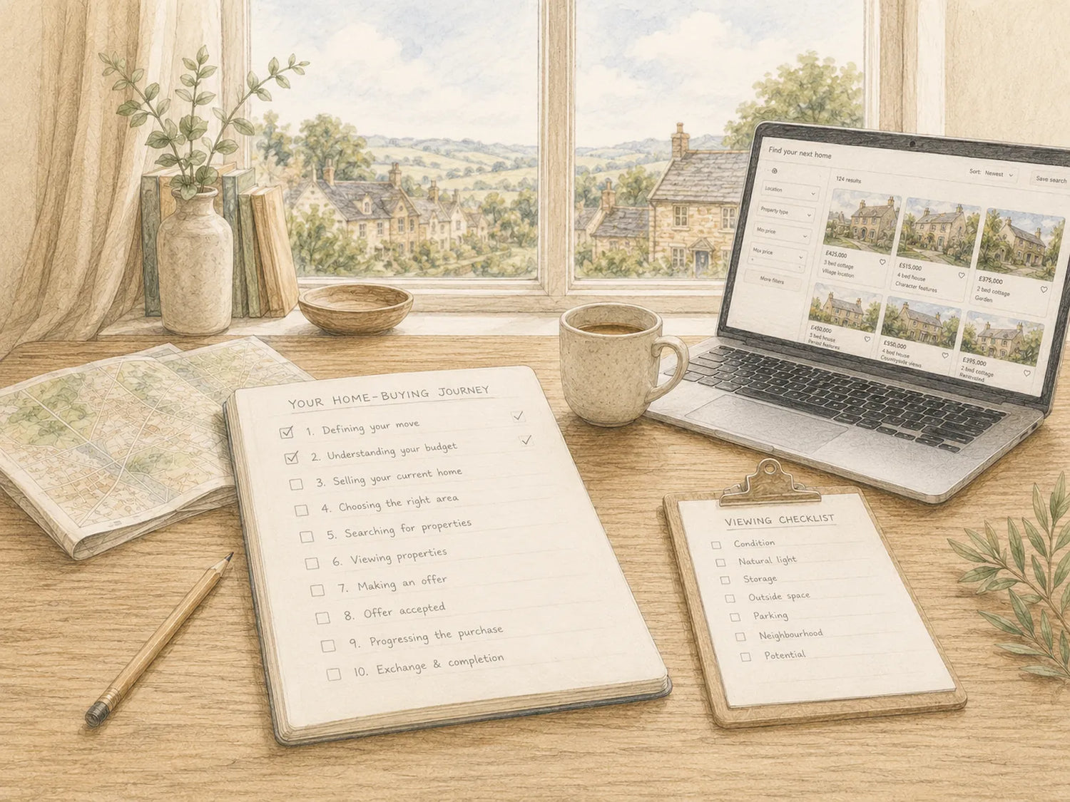 Home buying process guide illustration showing a planning desk with a checklist, map and property search