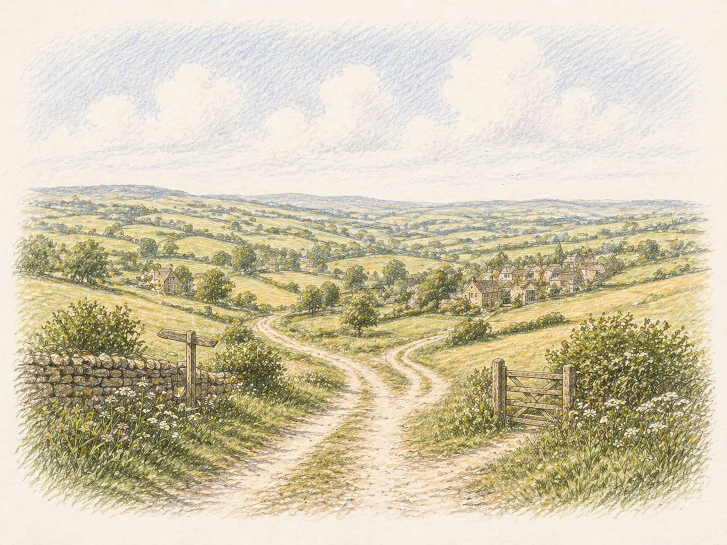 Home buying services illustration showing a winding path leading towards a village