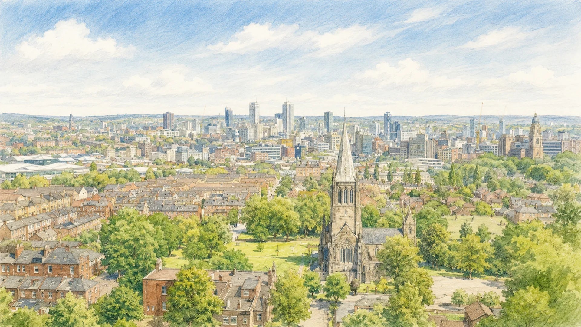 Illustrated panoramic view of the Leeds skyline with leafy neighbourhoods in the foreground