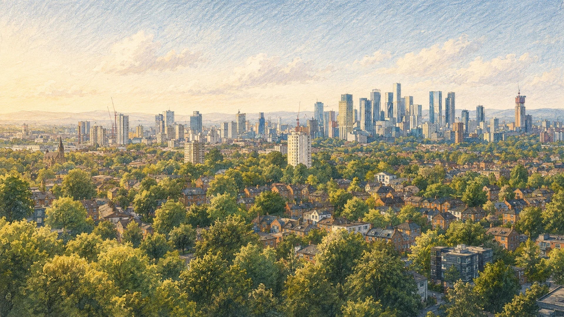 Manchester skyline illustration with modern skyscrapers and residential areas viewed from a distance
