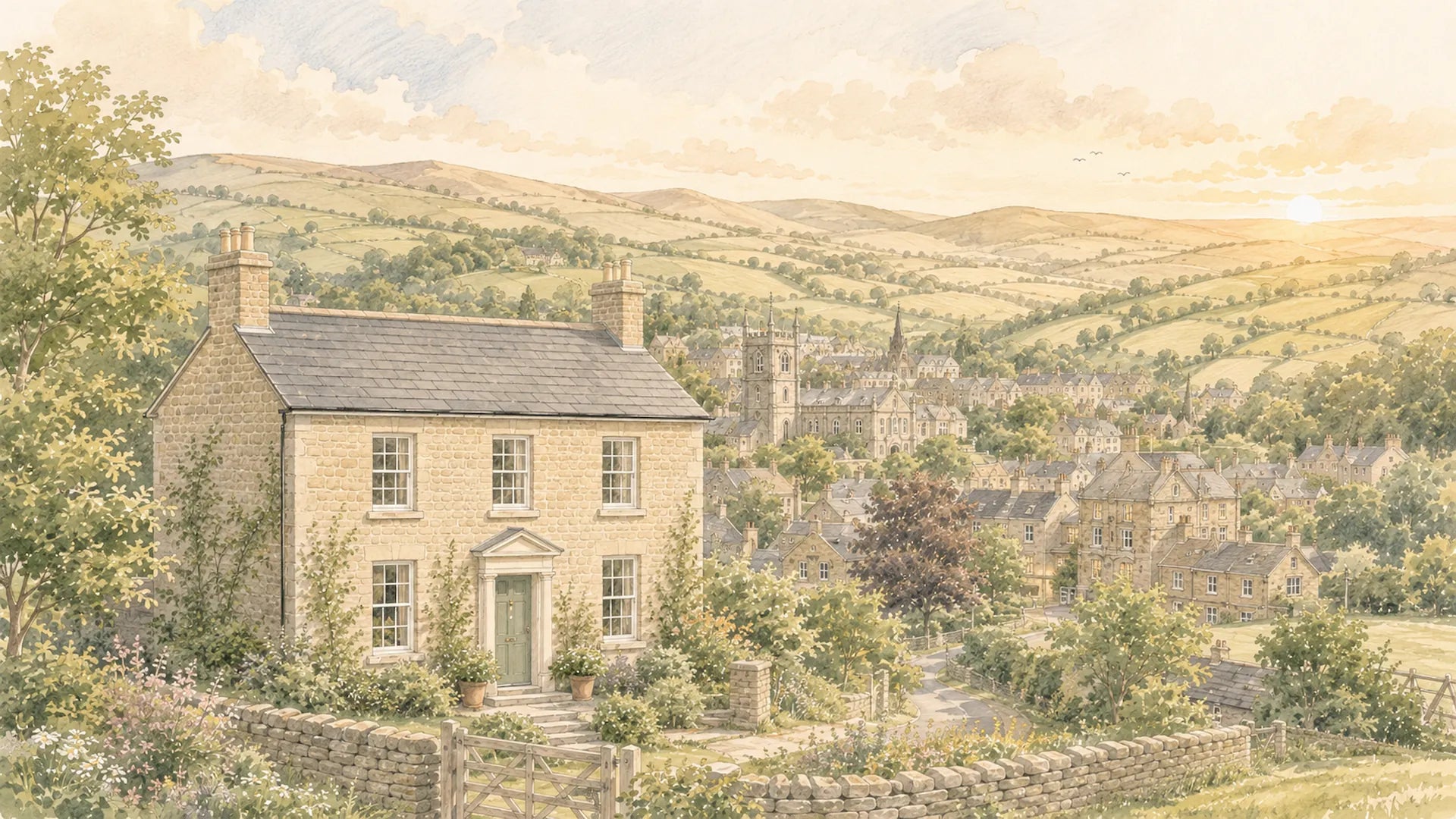 Illustration of a characterful stone home overlooking a West Yorkshire-style valley town, representing Move Smooth home buying guidance