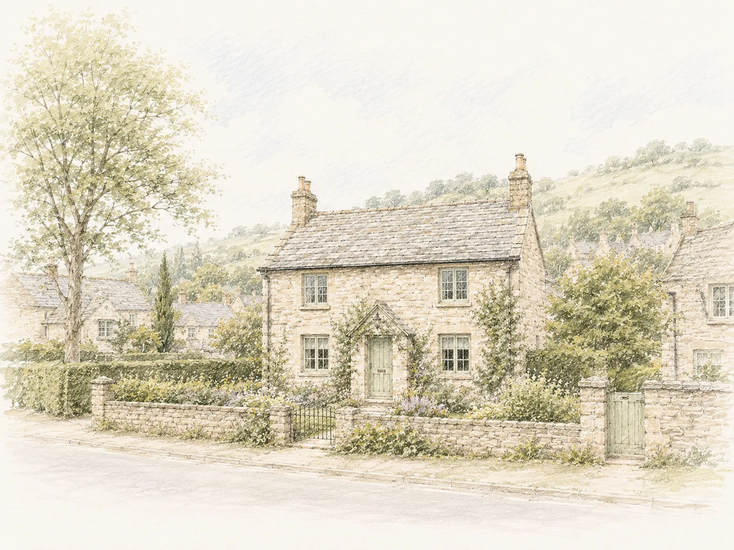 Property reports illustration showing a stone cottage being assessed before a home purchase
