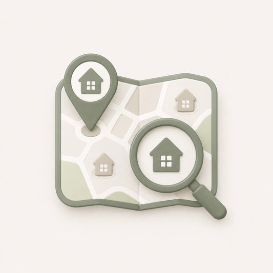 Property sourcing for home buyers, shown with a map, magnifying glass and house icons