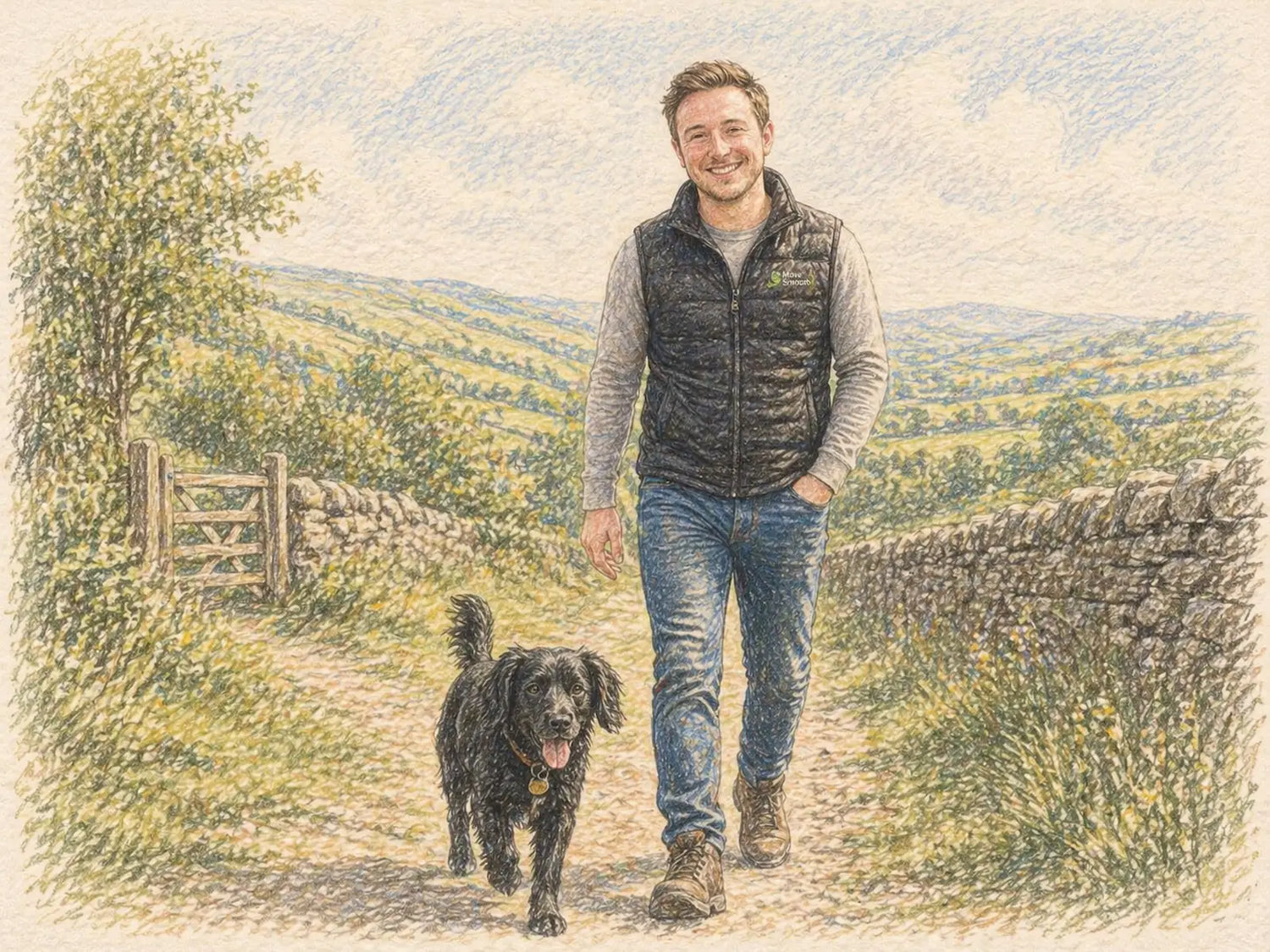 Scott Wheatley from Move Smooth walking a dog in a countryside setting