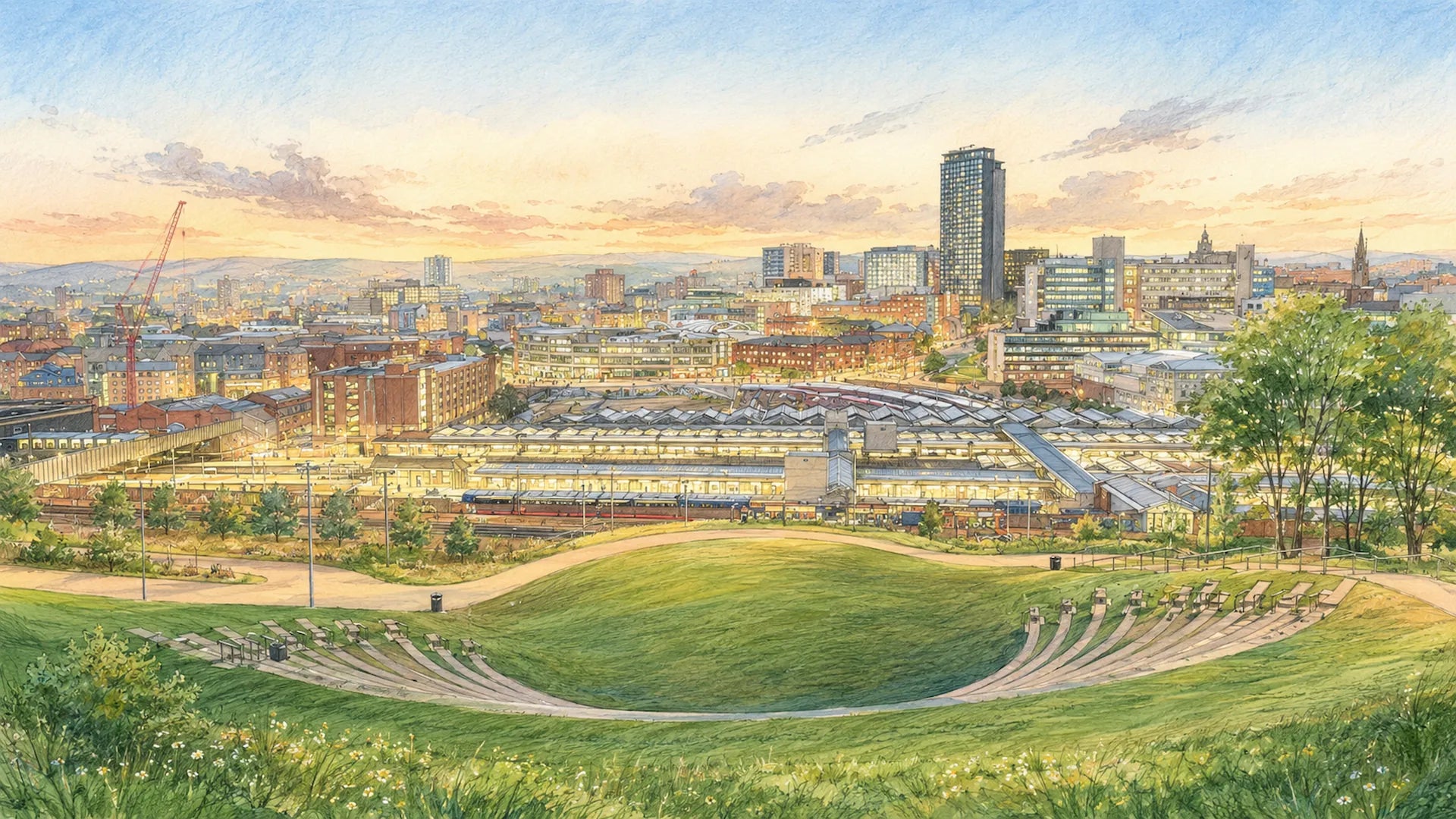 Illustrated panoramic view of the Sheffield skyline from a green hillside, with the city centre and station area in the distance.